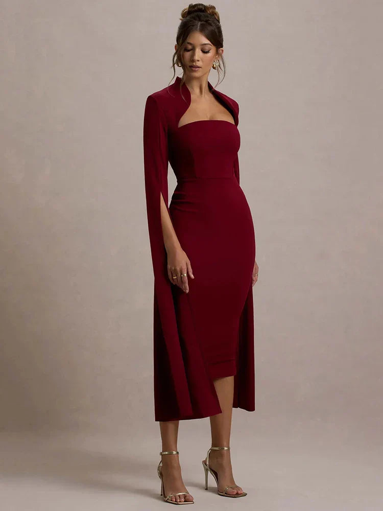 Long Sleeve Bodycon Midi Dress with Square Collar - Image 5
