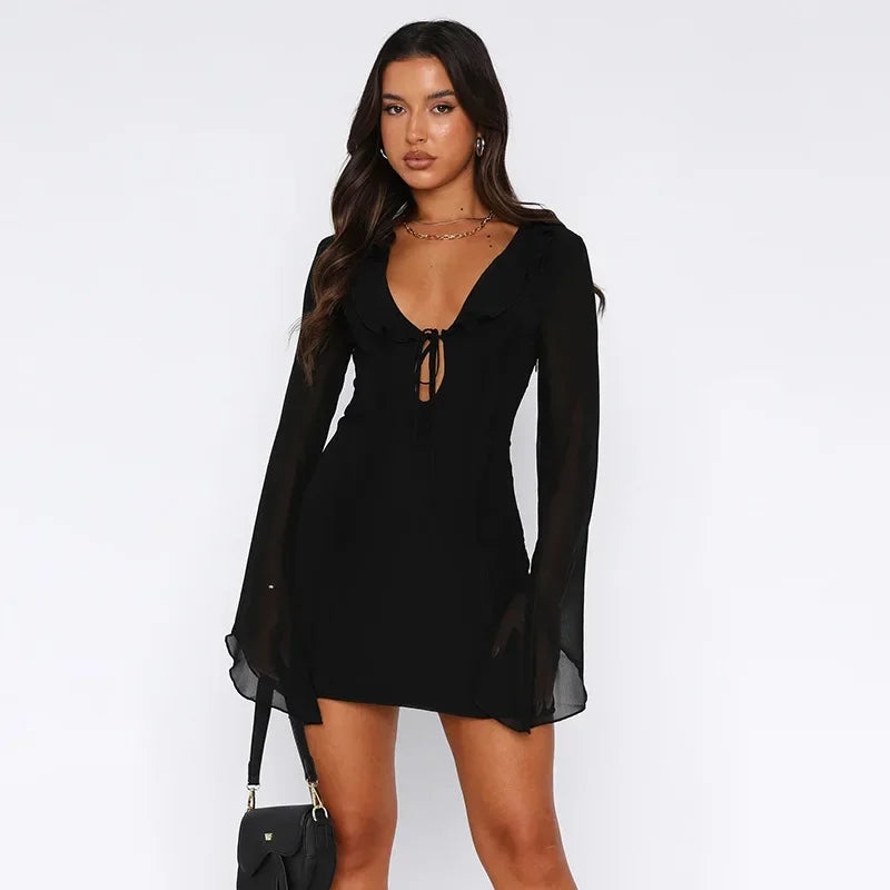 Summer V-Neck Mesh Bandage Mini Dress with Ruffles - Image 4
