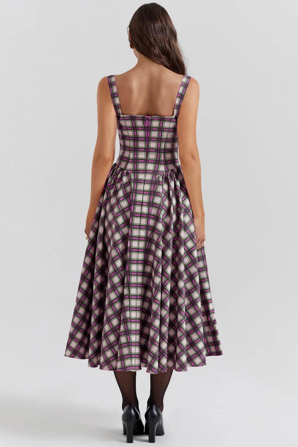Elegant A-line Plaid Midi Dress with Spaghetti Straps - Image 25
