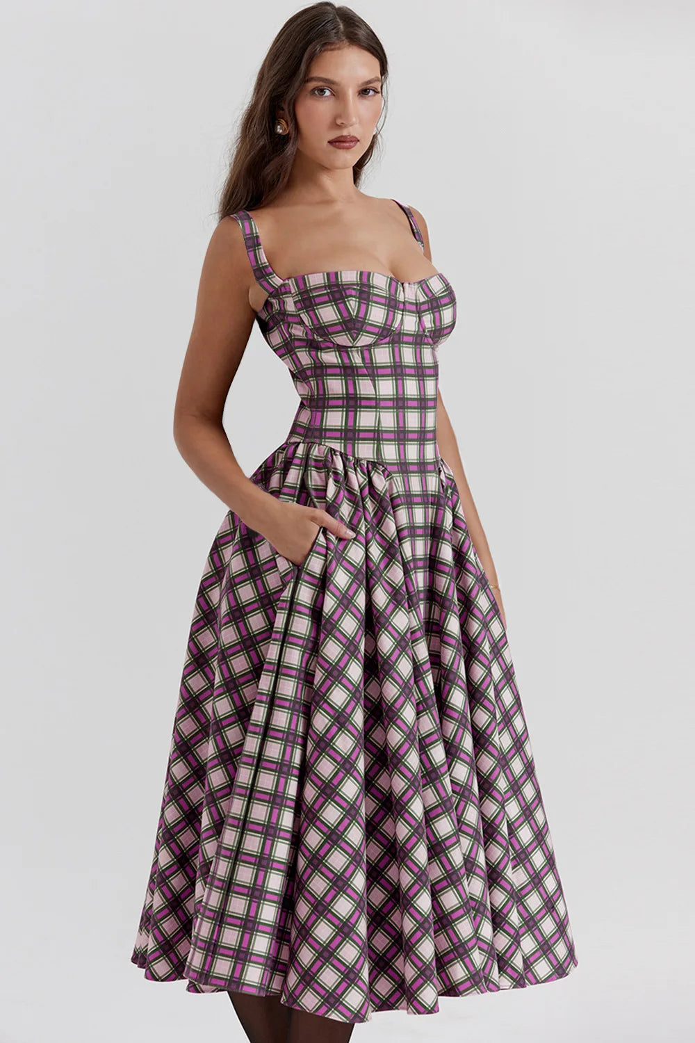 Elegant A-line Plaid Midi Dress with Spaghetti Straps - Image 26