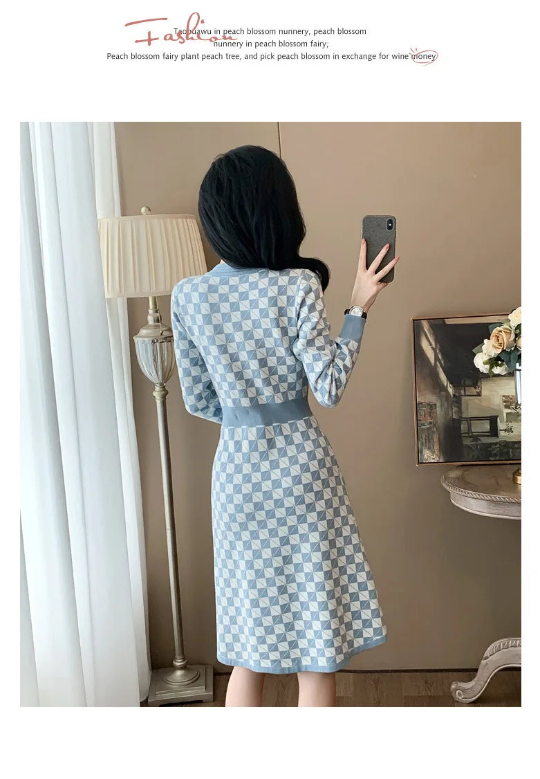 Elegant Blue Plaid Bodycon Dress with Metal Buttons - Image 23