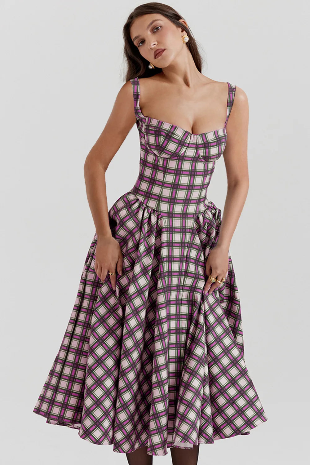 Elegant A-line Plaid Midi Dress with Spaghetti Straps - Image 2