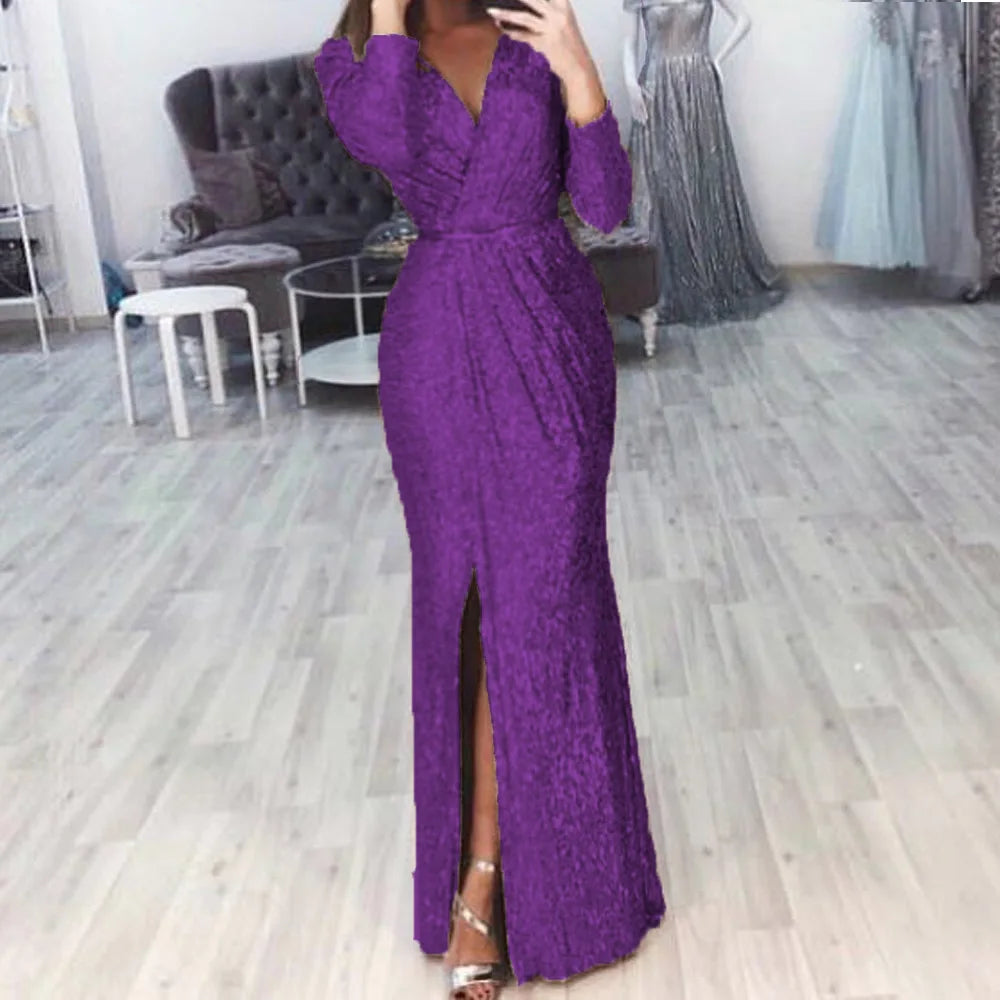 Elegant V-Neck Sequin Maxi Dress with High Split - Image 12