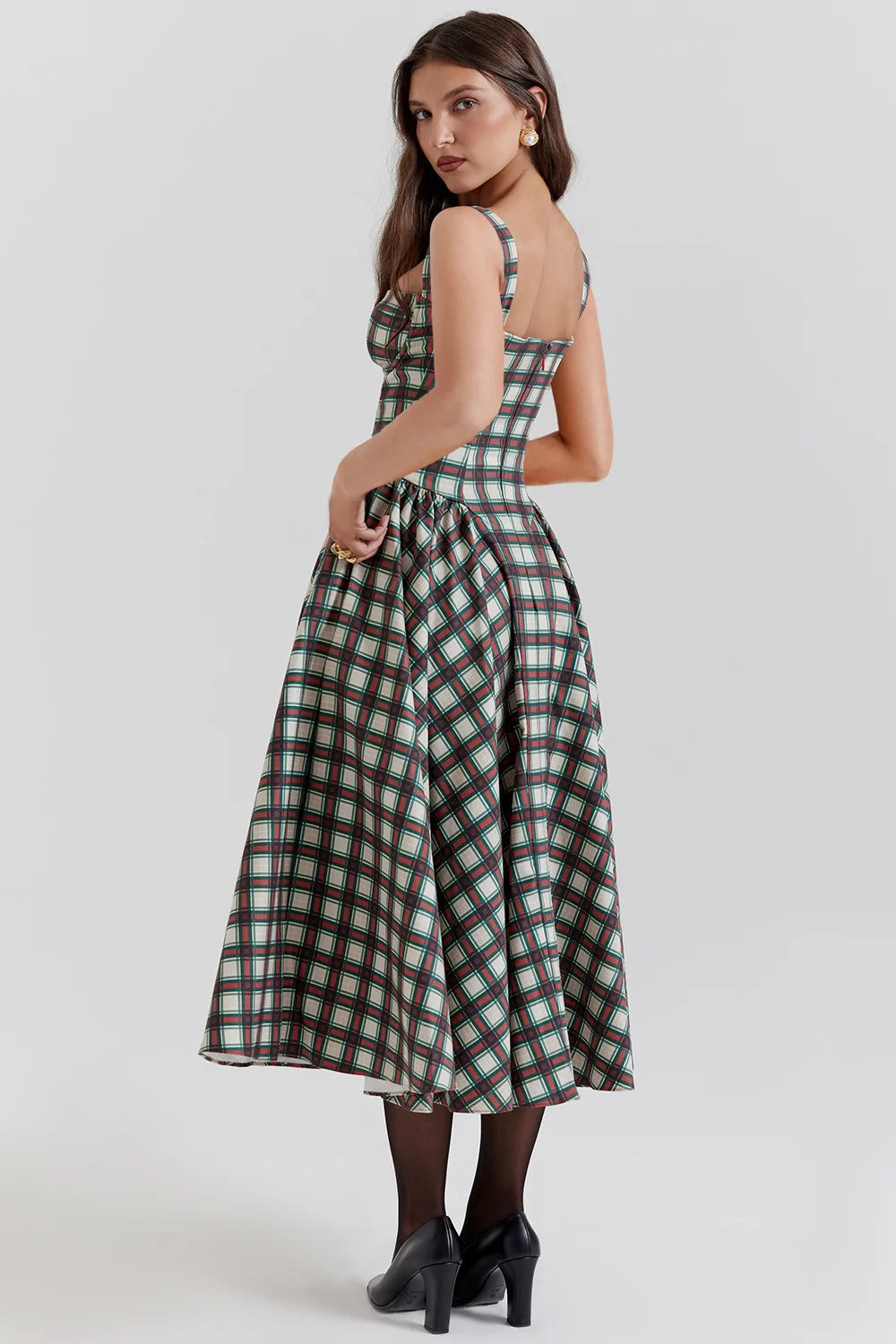 Elegant A-line Plaid Midi Dress with Spaghetti Straps - Image 21