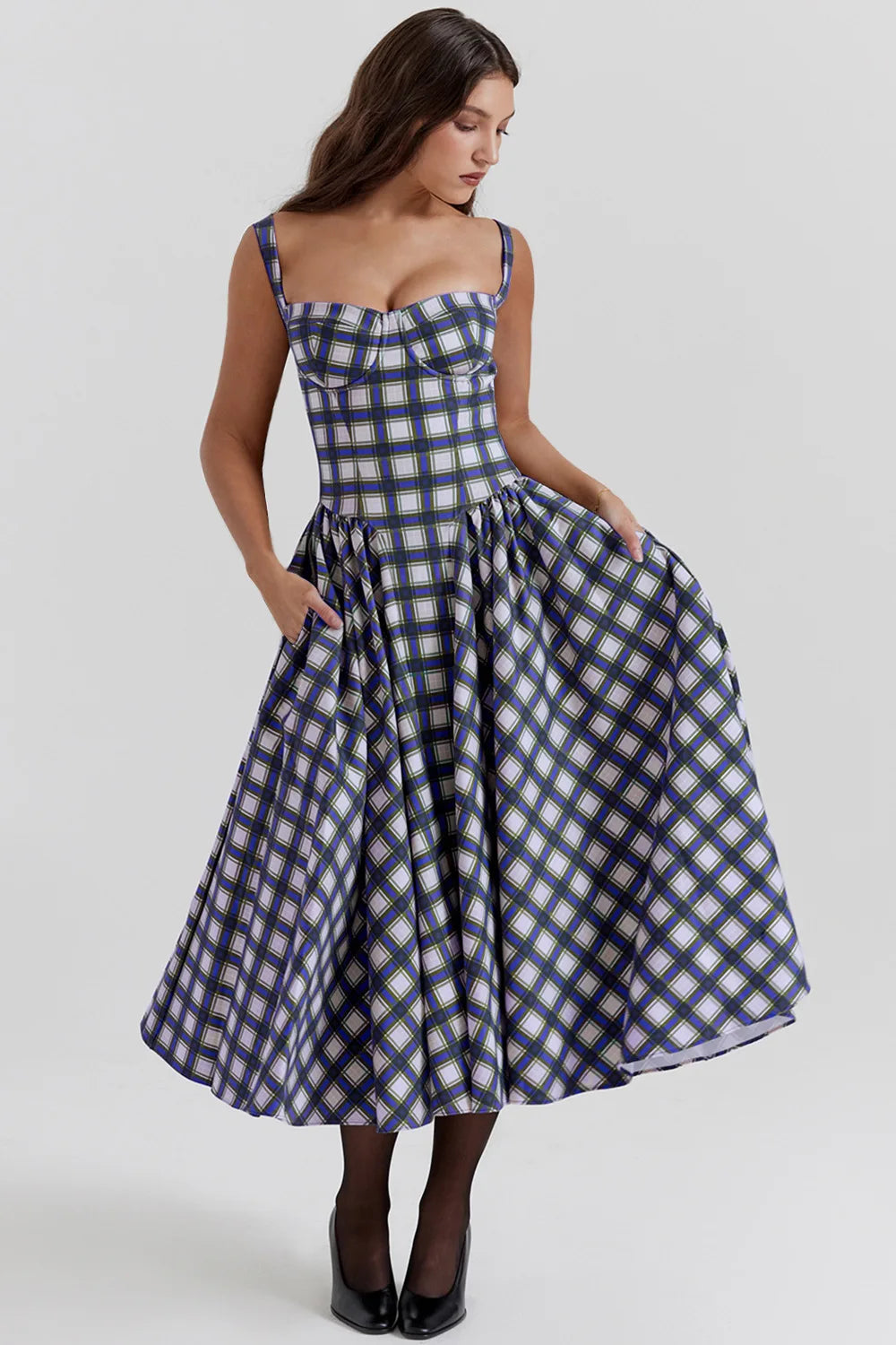 Elegant A-line Plaid Midi Dress with Spaghetti Straps - Image 9