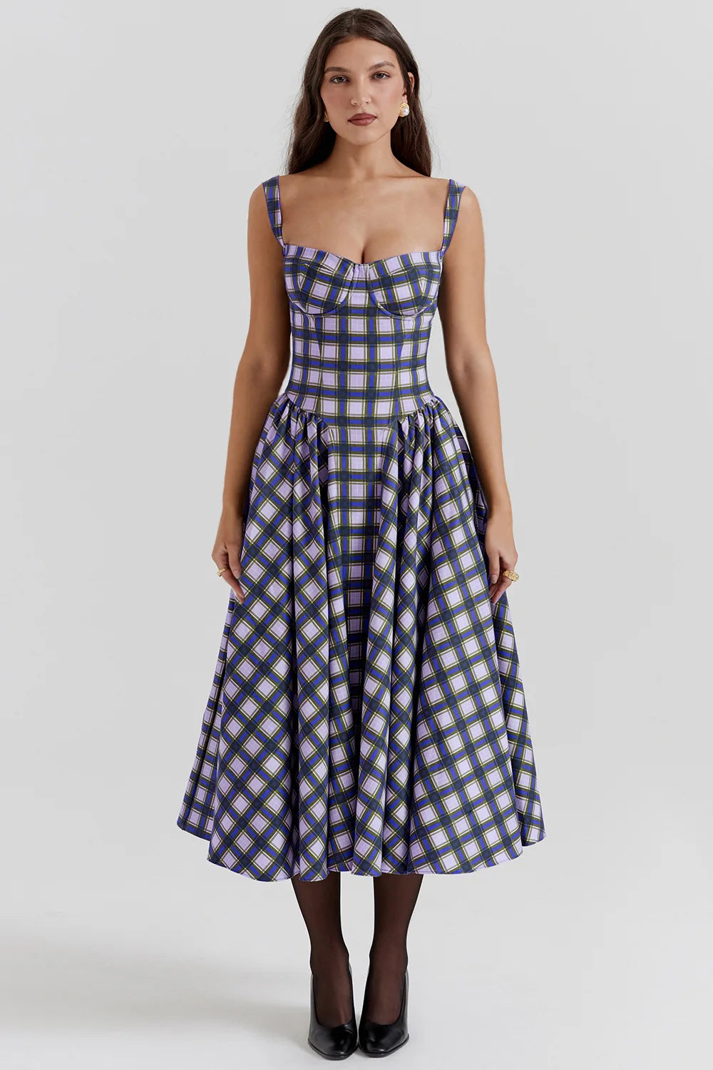 Elegant A-line Plaid Midi Dress with Spaghetti Straps - Image 11