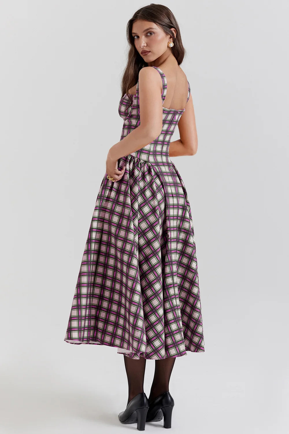 Elegant A-line Plaid Midi Dress with Spaghetti Straps - Image 24