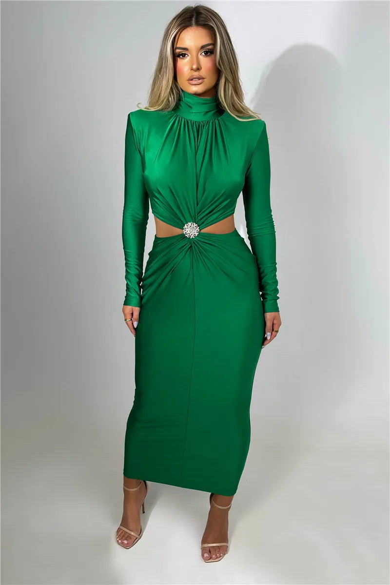Elegant Hollow Out Turtleneck Long Sleeve Maxi Dress for Women - Image 20