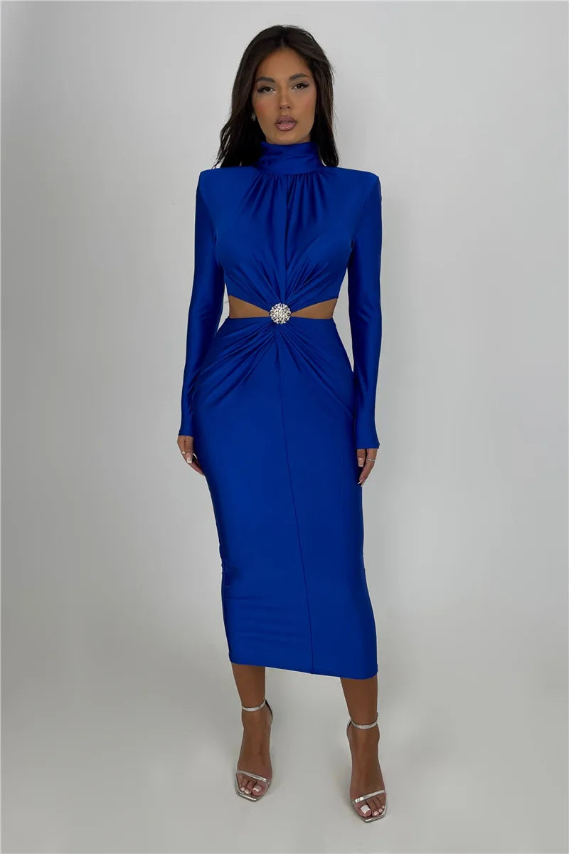 Elegant Hollow Out Turtleneck Long Sleeve Maxi Dress for Women - Image 30