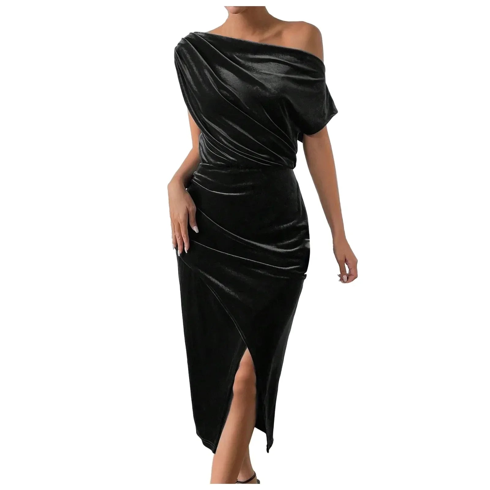 Elegant One-Shoulder Summer Dress with Velvet Skirt - Image 6