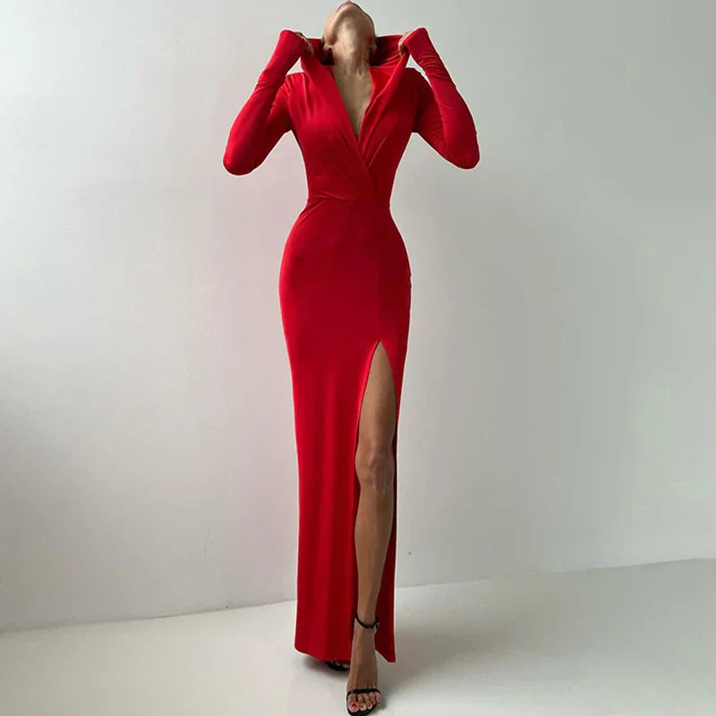 Women's Deep V Neck Hooded Long Sleeve Party Dress - Image 3