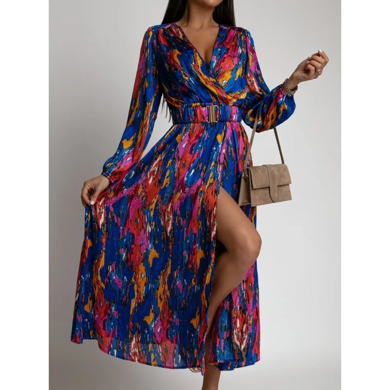 Elegant Floral Print Long Dress with Deep V-Neck - Image 7