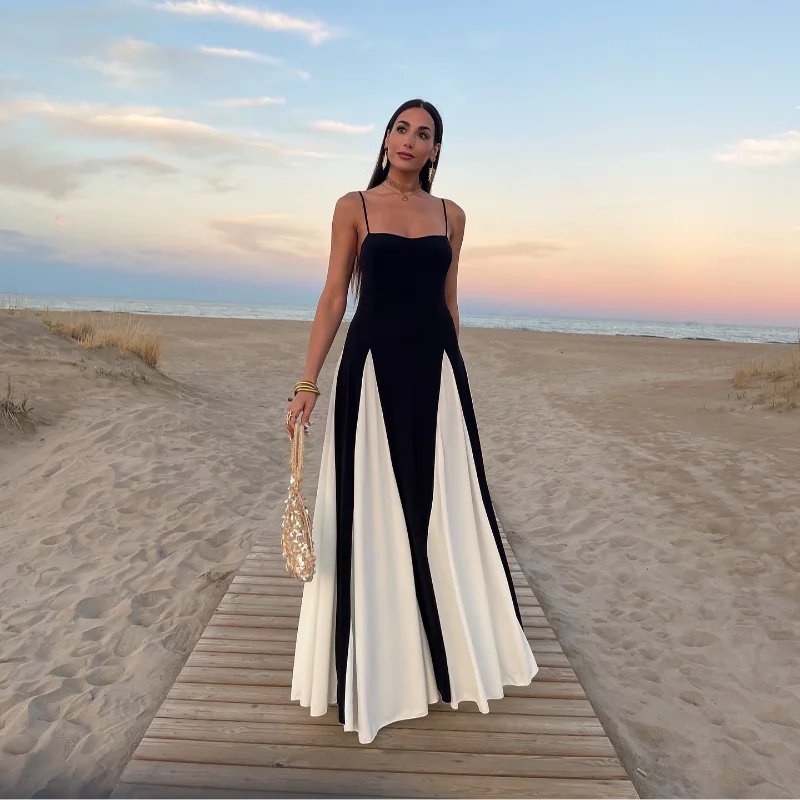 Elegant Slim Contrast Patchwork Sling Maxi Dress for Women - Image 19