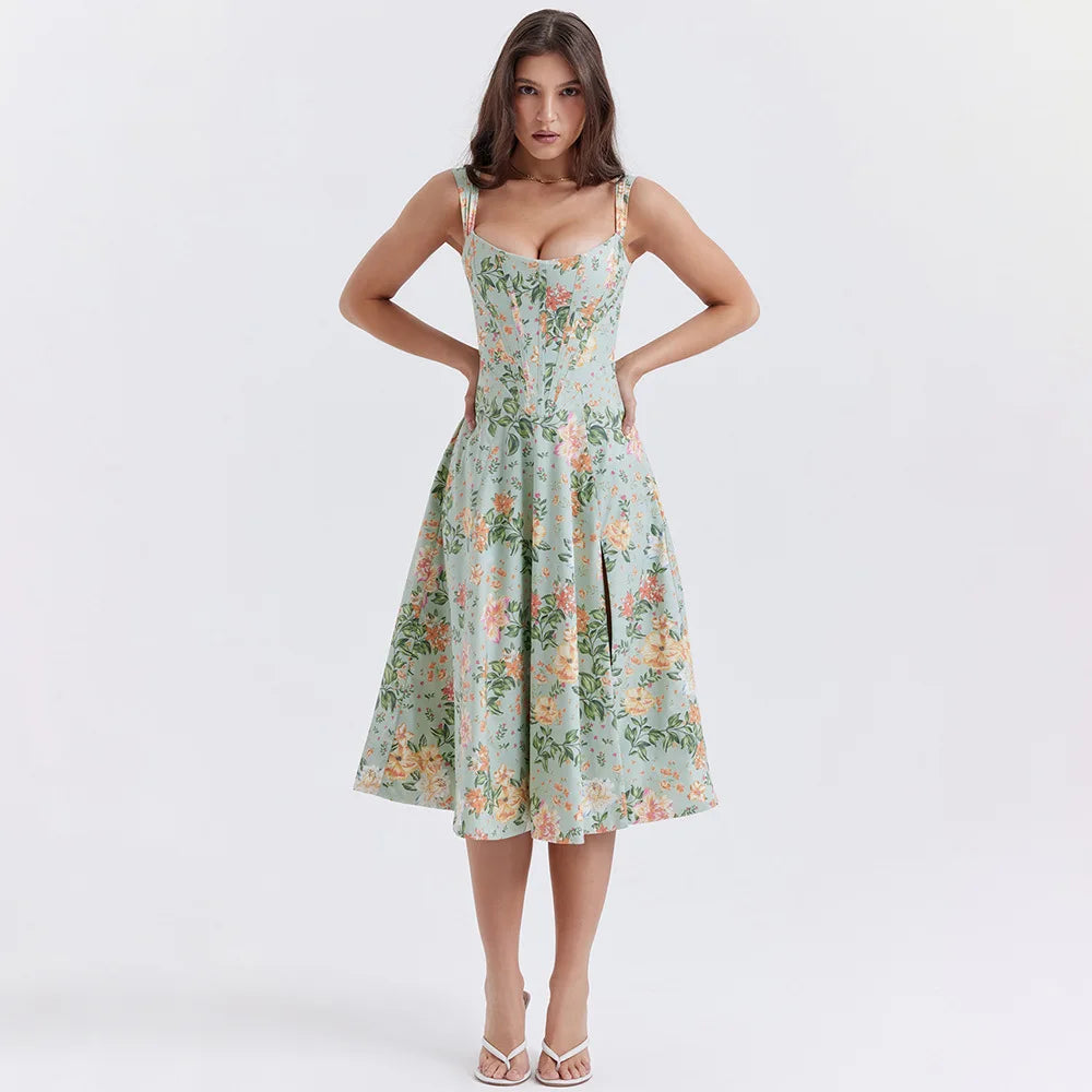 Elegant Green Lace-Up Floral Print Summer Dress for Women - Image 13
