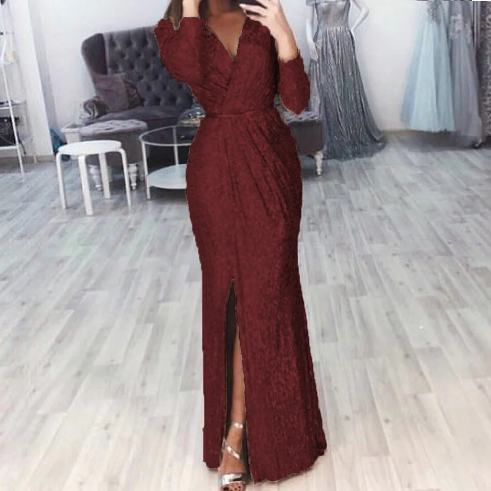 Elegant V-Neck Sequin Maxi Dress with High Split - Image 9