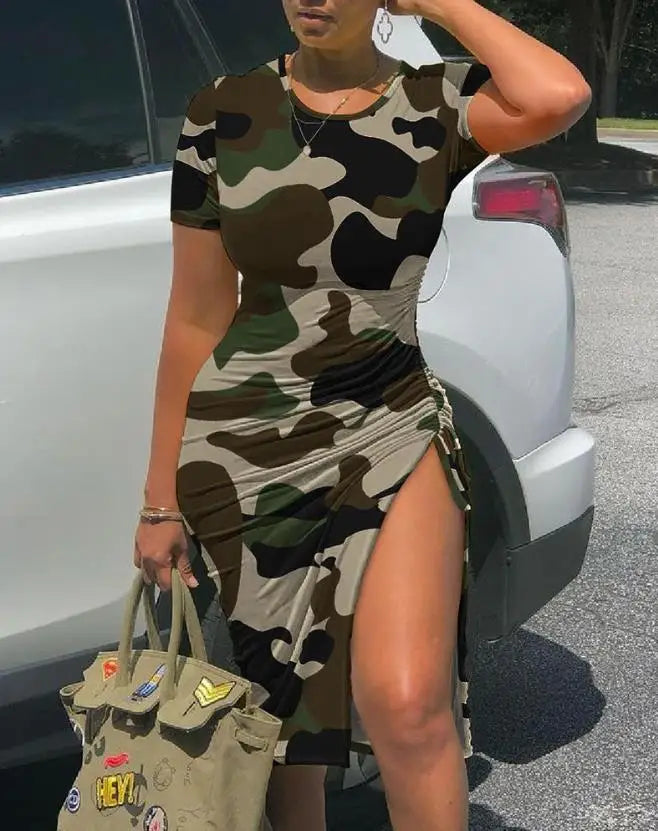 Summer Camouflage Print High Slit Midi Dress - Image 2