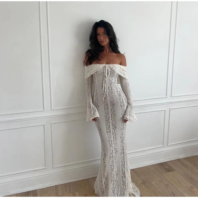 Elegant White Floral Lace Off-Shoulder Maxi Dress for Women - Image 32