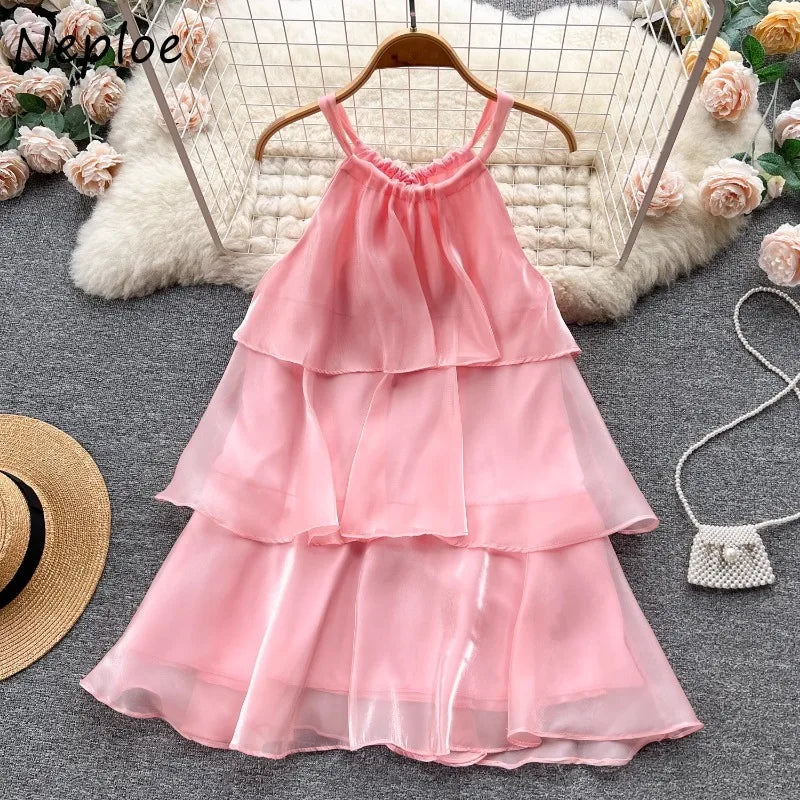 Sweet Organza Mesh Halter Ruffle Camisole Dress for Women - Image 7