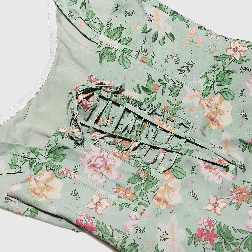 Elegant Green Lace-Up Floral Print Summer Dress for Women - Image 36