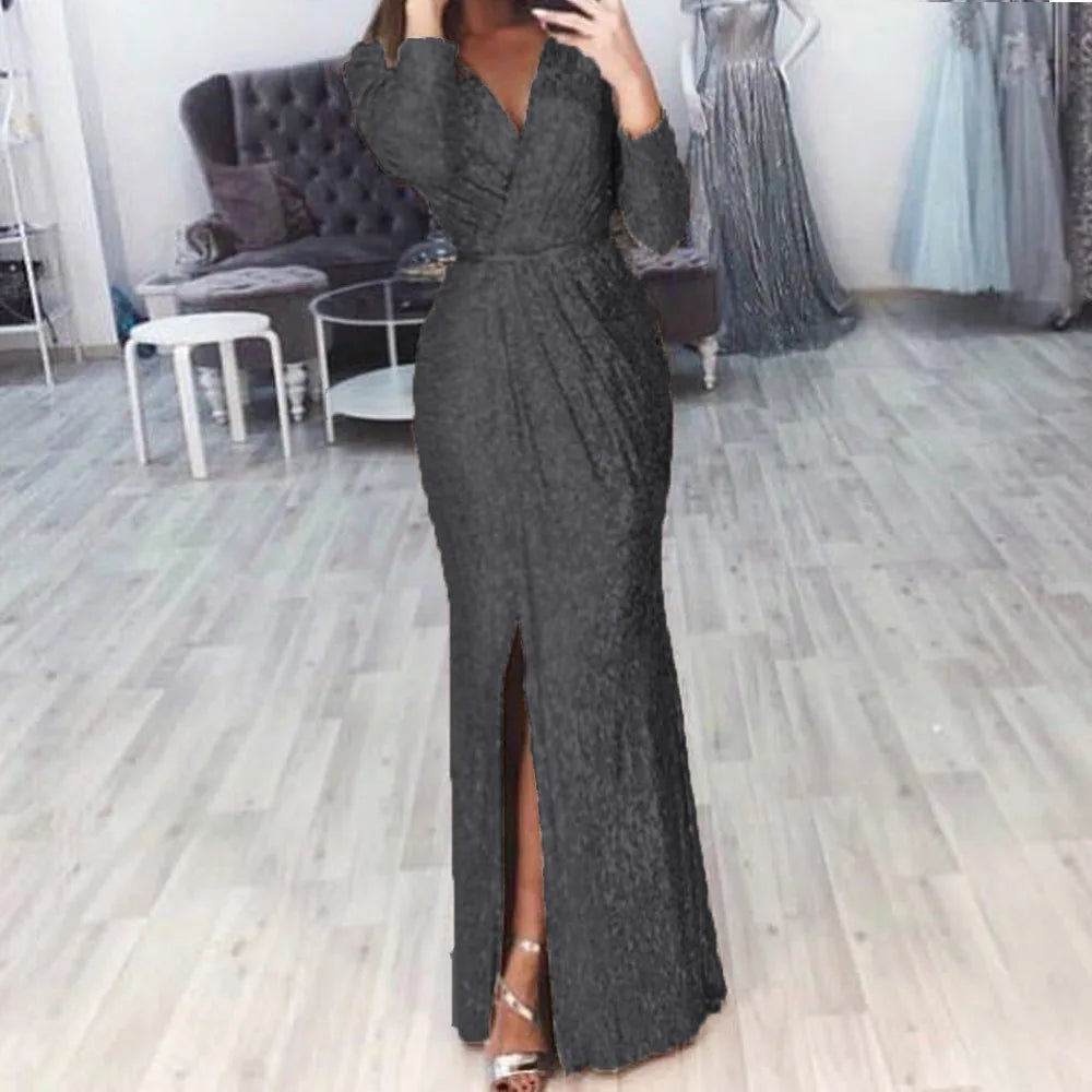 Elegant V-Neck Sequin Maxi Dress with High Split - Image 14