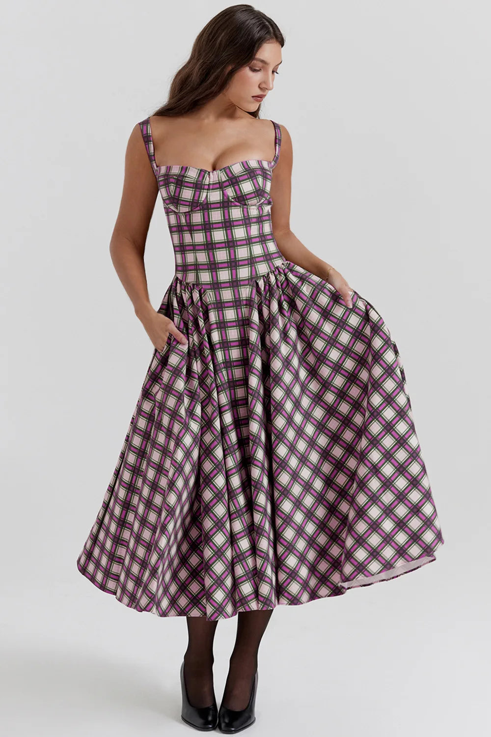 Elegant A-line Plaid Midi Dress with Spaghetti Straps - Image 23