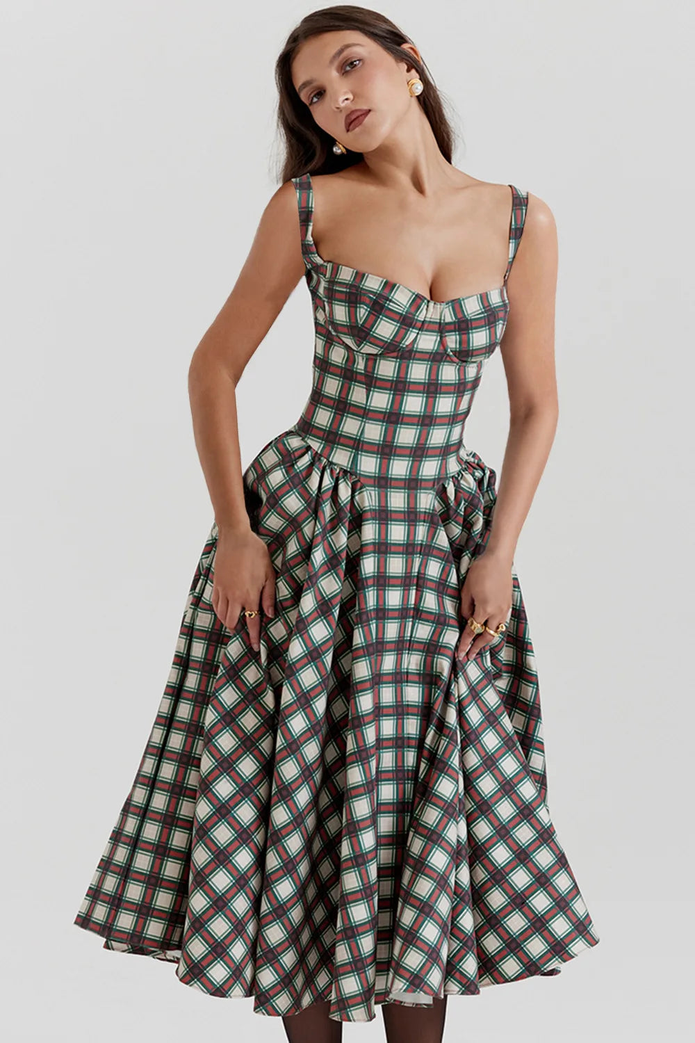 Elegant A-line Plaid Midi Dress with Spaghetti Straps - Image 19