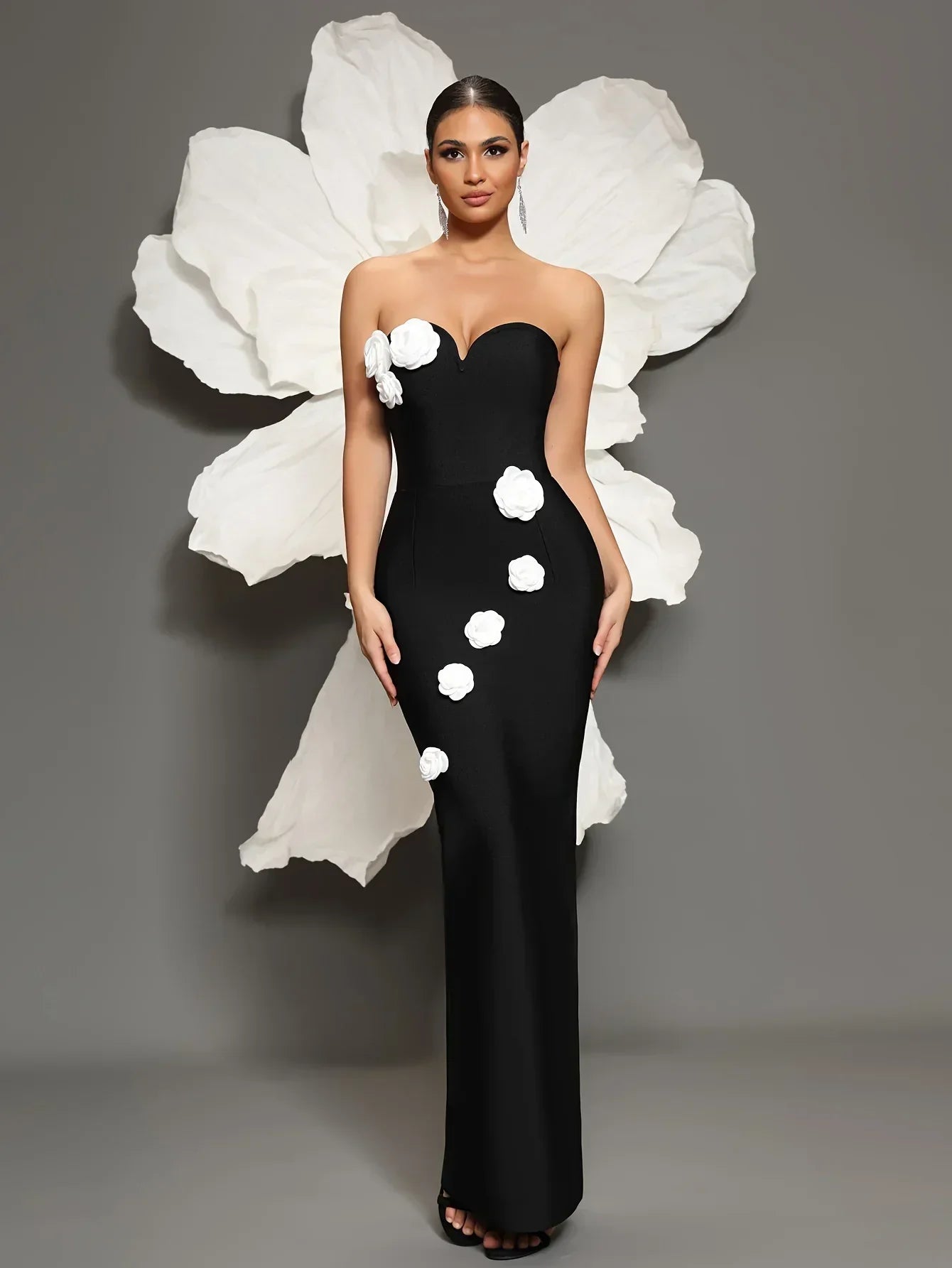 Elegant Black V-Neck Bandage Dress with White Flowers - Image 6