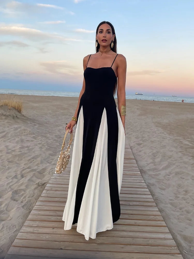 Elegant Slim Contrast Patchwork Sling Maxi Dress for Women - Image 5