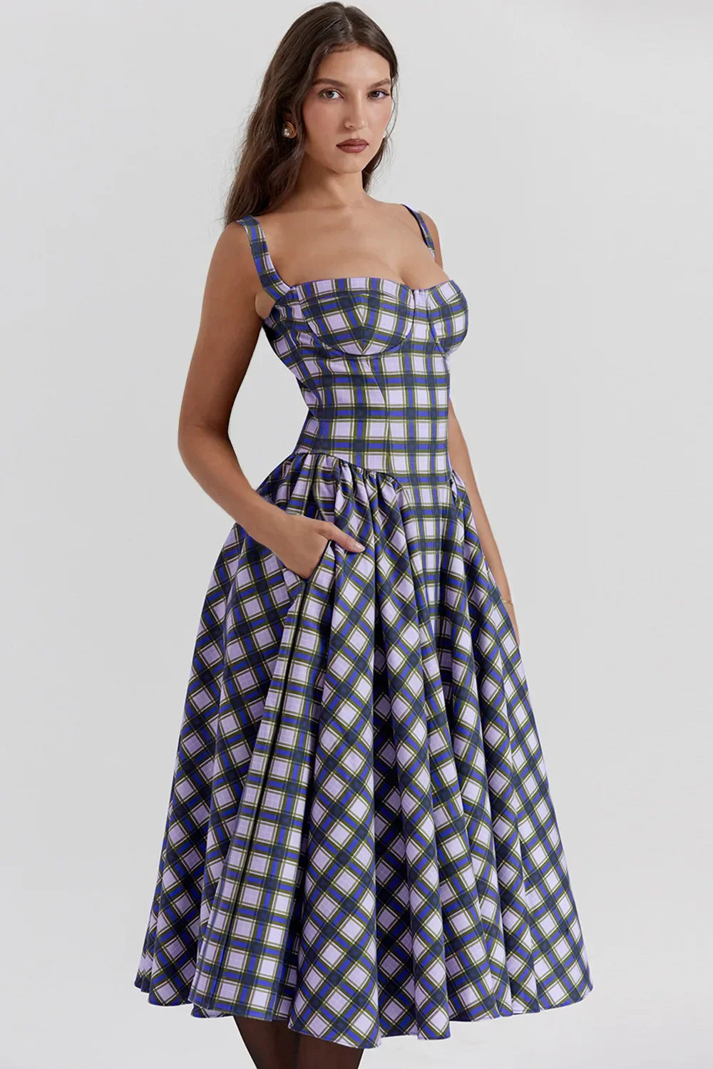 Elegant A-line Plaid Midi Dress with Spaghetti Straps - Image 13