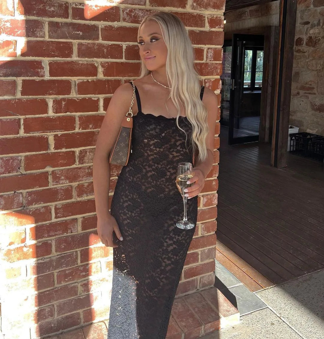 Elegant Black Lace Maxi Dress with Spaghetti Straps - Image 31