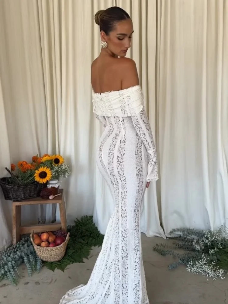 Elegant White Floral Lace Off-Shoulder Maxi Dress for Women - Image 5