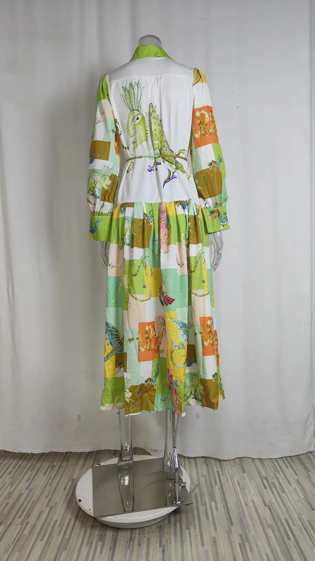 Elegant Women's V-Neck Lantern Sleeve Printed Dress - Image 37