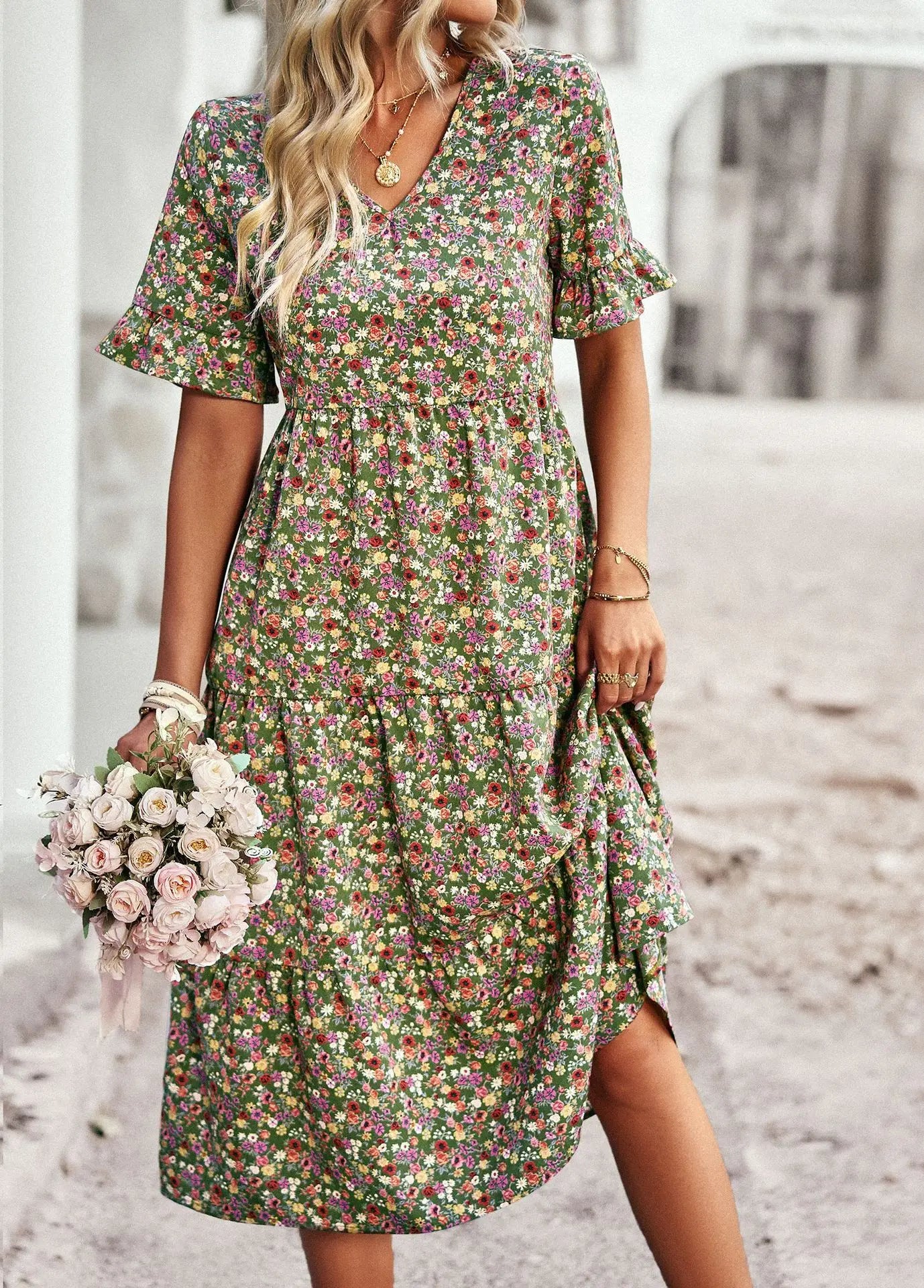 Chic V Neck Floral A-Line Dress for Summer - Image 24