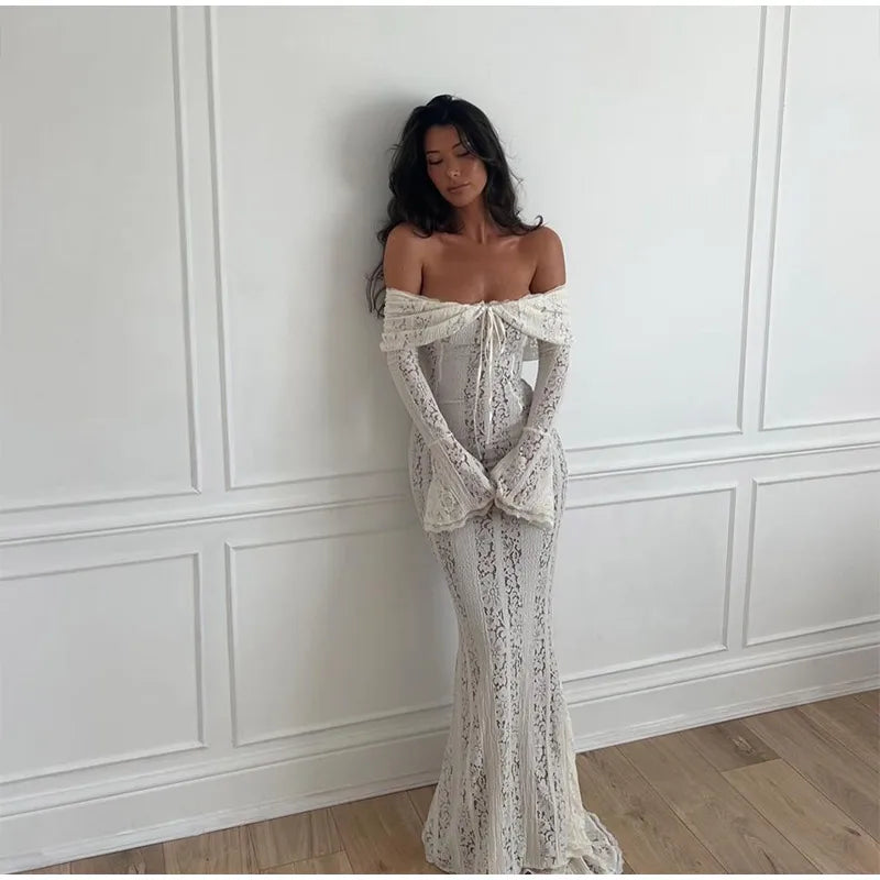 Elegant White Floral Lace Off-Shoulder Maxi Dress for Women - Image 25