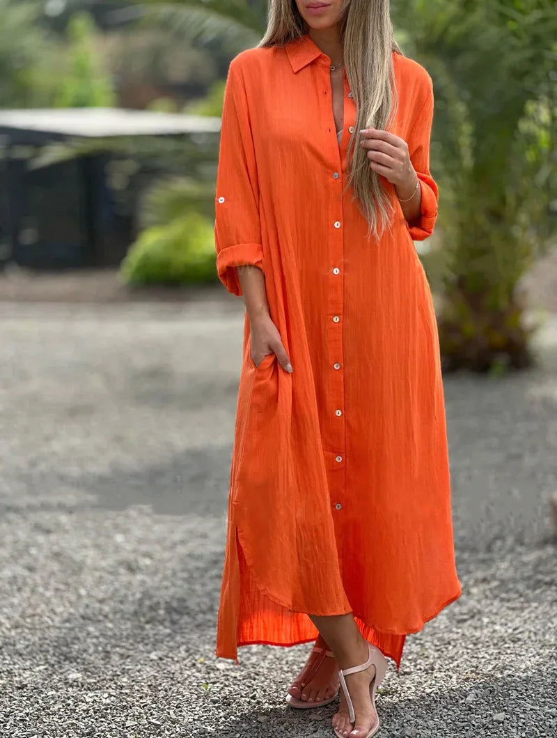 Casual Long-Sleeved Cotton Linen Dress for Women - Image 2