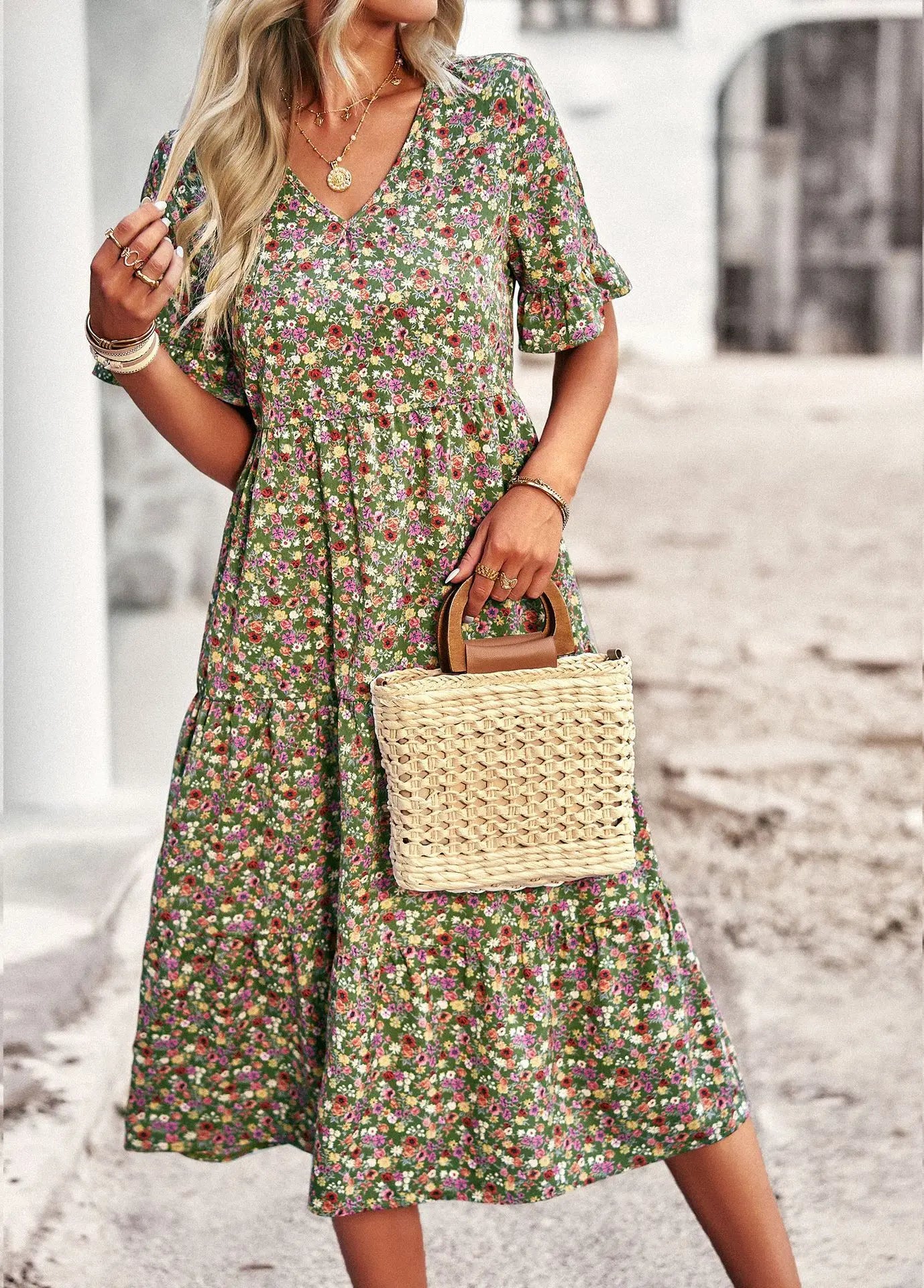 Chic V Neck Floral A-Line Dress for Summer - Image 26
