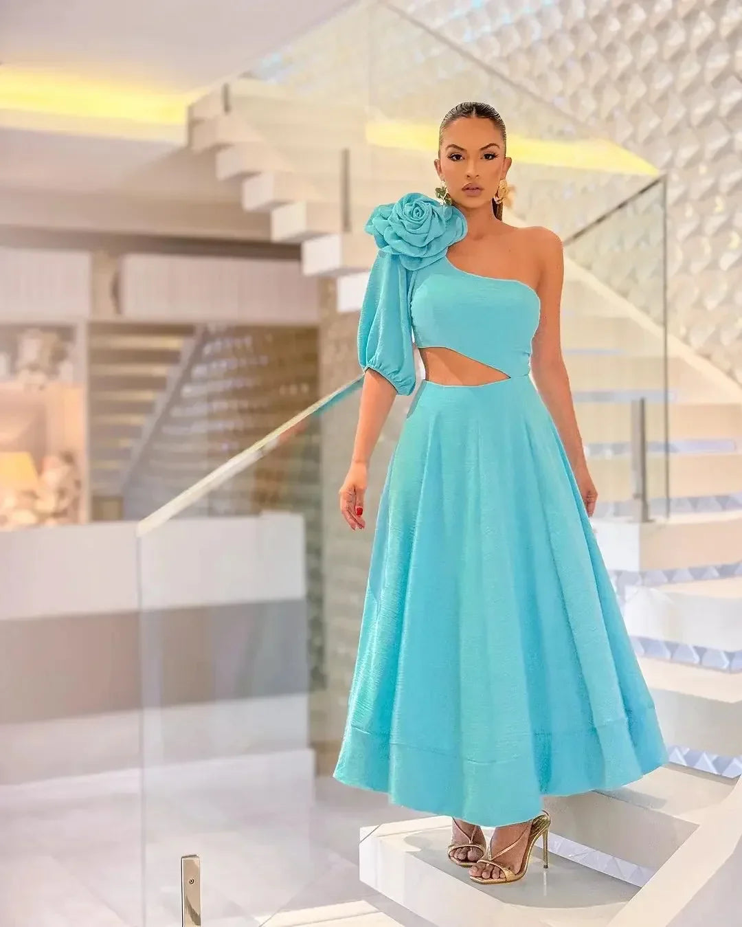 Elegant Floral Applique Women s Maxi Dress with Asymmetrical Sleeve - Image 14