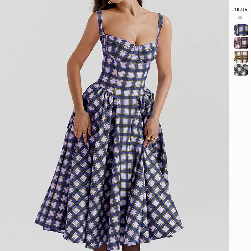 Elegant A-line Plaid Midi Dress with Spaghetti Straps - Image 3