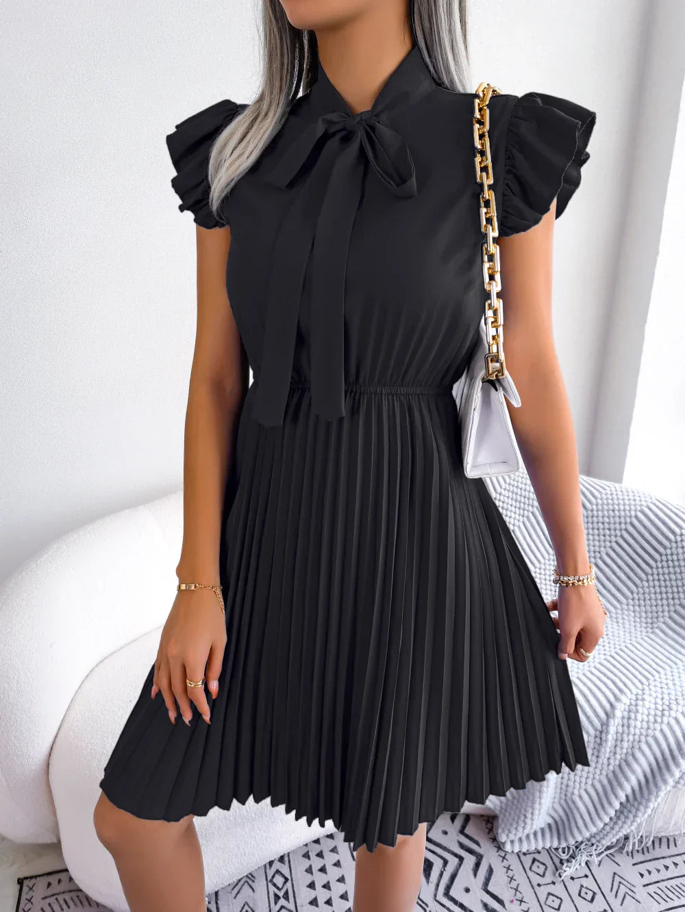 Elegant Summer Pleated Dress with Bow and Ruffles for Women - Image 16