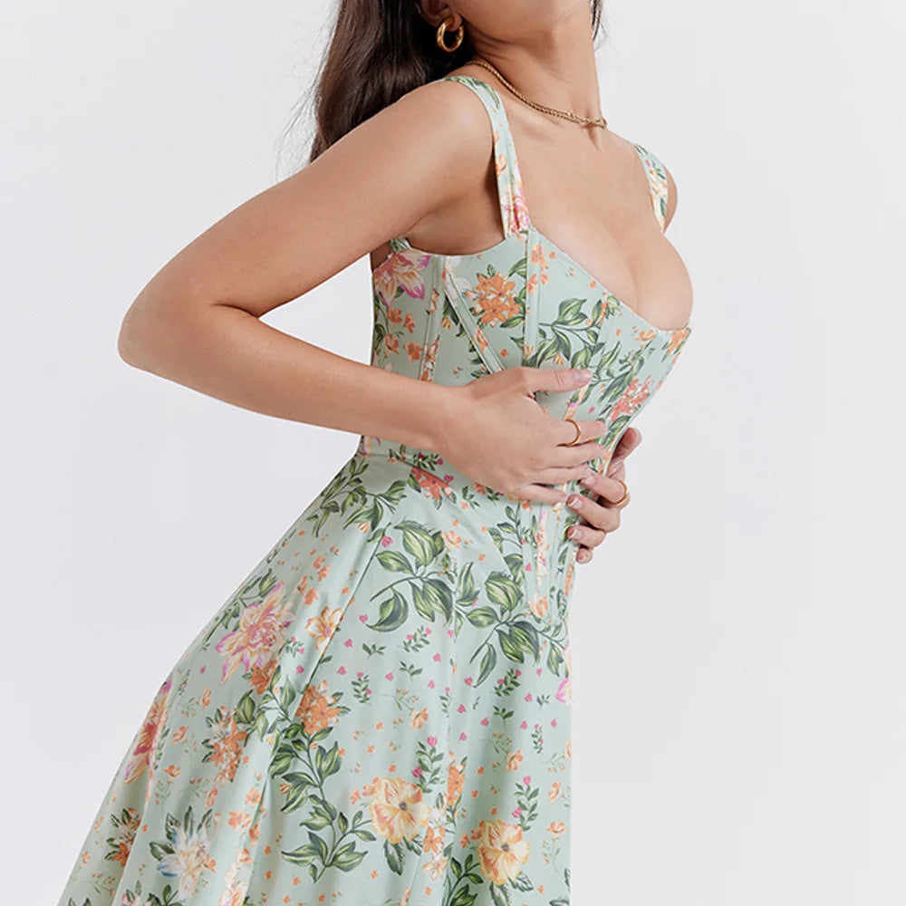 Elegant Green Lace-Up Floral Print Summer Dress for Women - Image 18