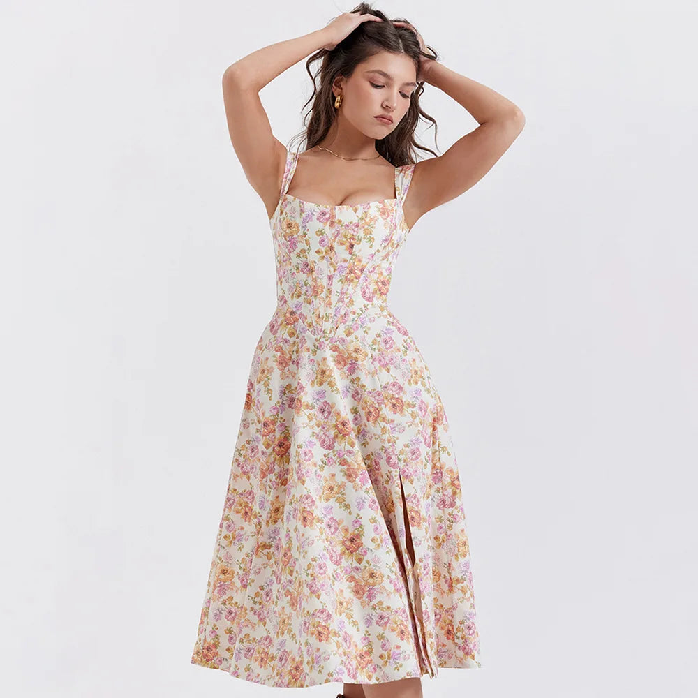 Elegant Green Lace-Up Floral Print Summer Dress for Women - Image 26