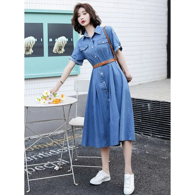 Vintage A-Line Denim Dress for Women with Belt - Image 4