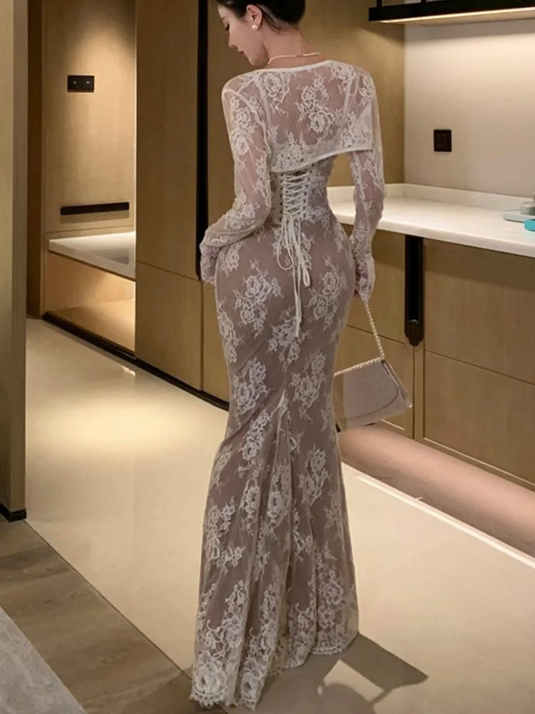 Elegant White Lace Mermaid Dress for Weddings & Events - Image 3