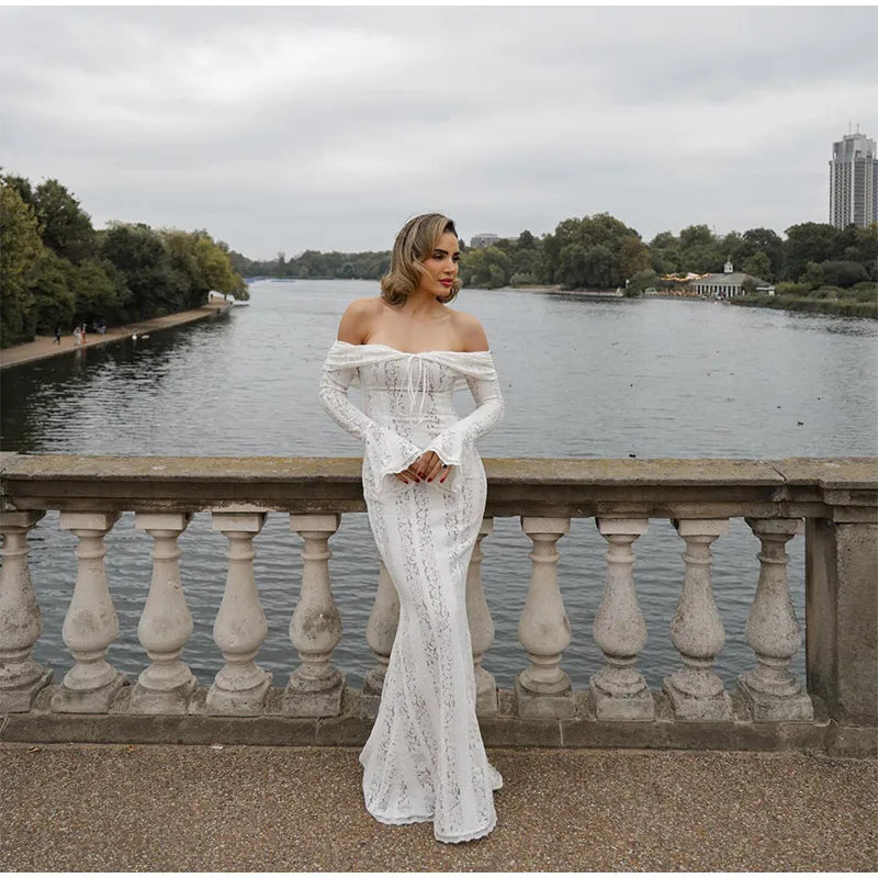 Elegant White Floral Lace Off-Shoulder Maxi Dress for Women - Image 33