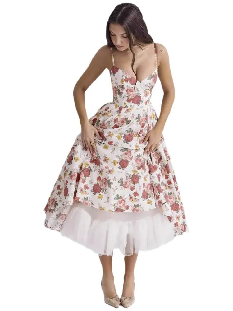 Elegant Floral Spaghetti Strap Backless Party Dress - Image 7