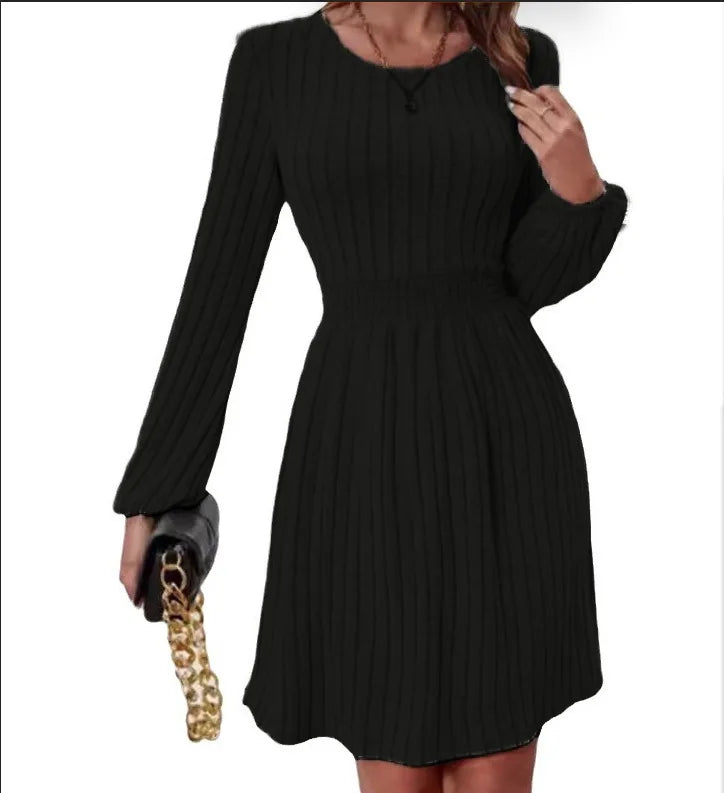 Stylish A-Line Dress with Lantern Cuffs and Round Neck - Image 12