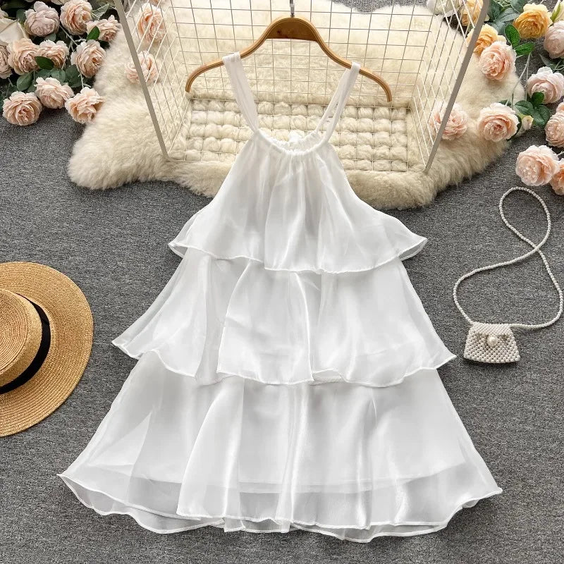 Sweet Organza Mesh Halter Ruffle Camisole Dress for Women - Image 11