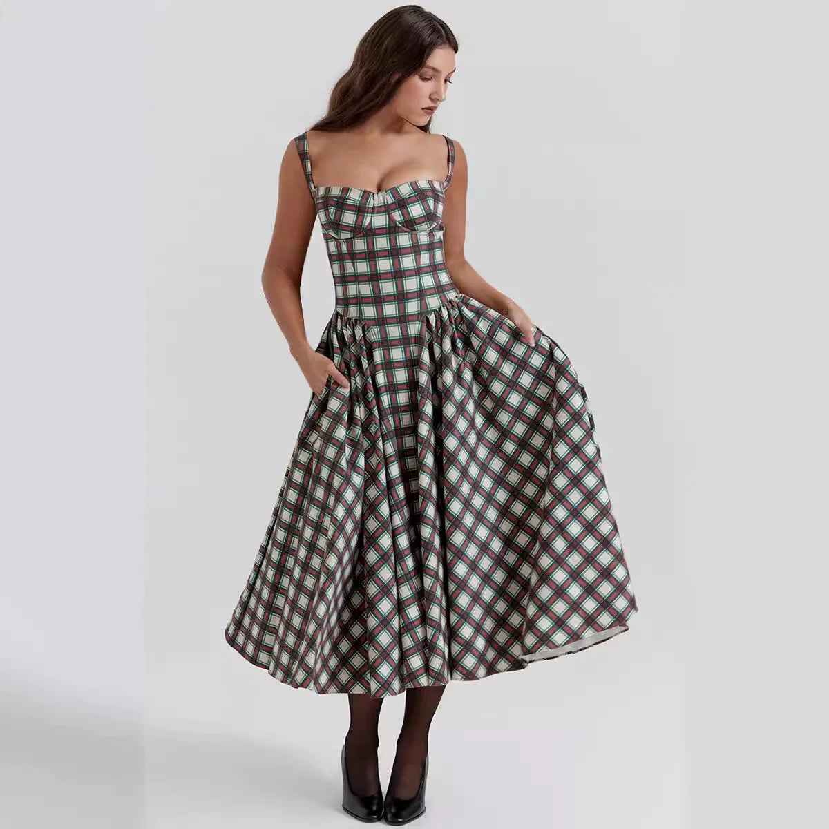 Elegant A-line Plaid Midi Dress with Spaghetti Straps - Image 6