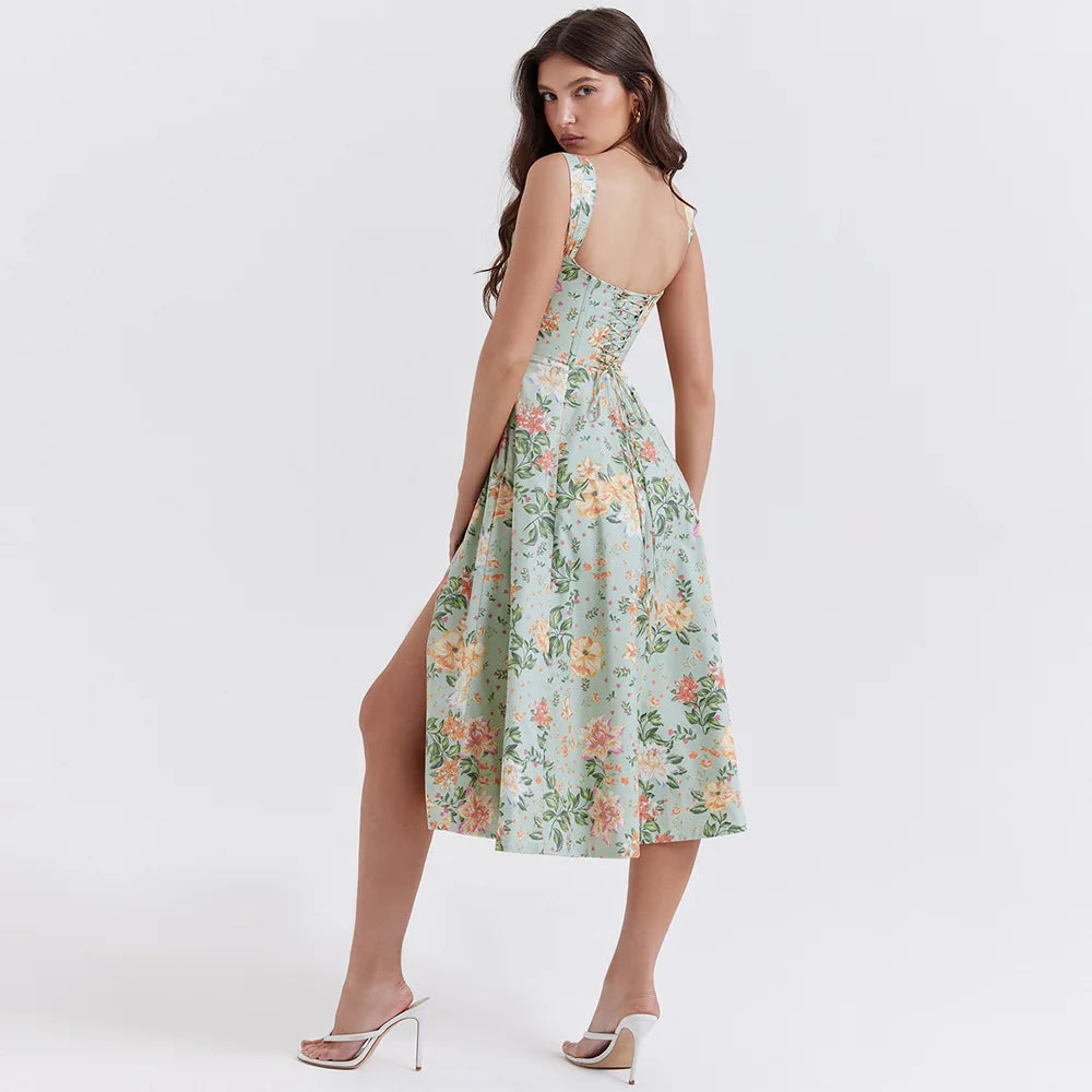 Elegant Green Lace-Up Floral Print Summer Dress for Women - Image 16