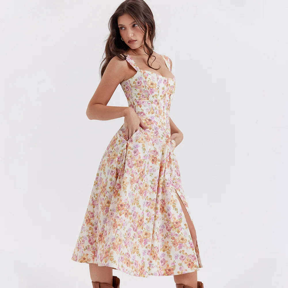 Elegant Green Lace-Up Floral Print Summer Dress for Women - Image 25